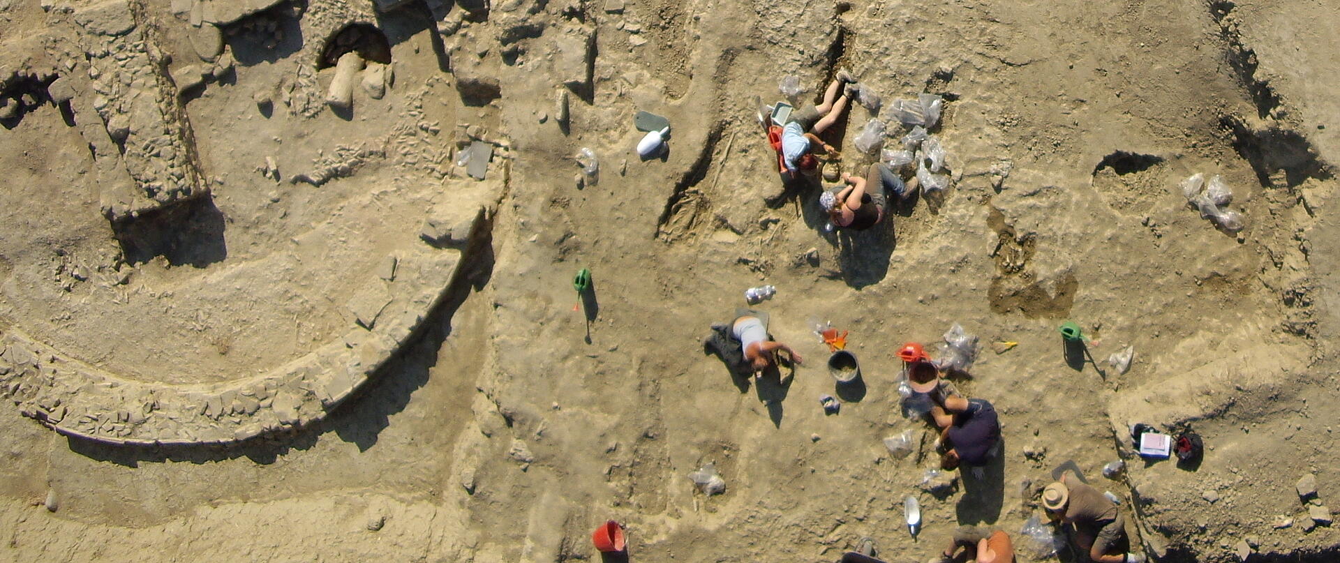 Aerial shot done with a Microdrones UAV, Archaeologists during the excavation of a historical site