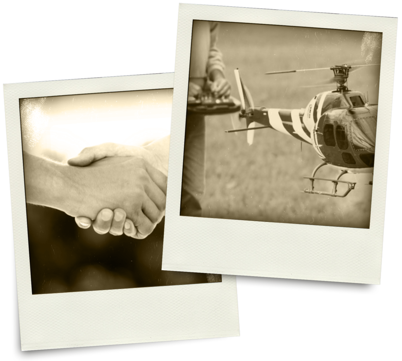 Sepia-tone polaroids of shaking hands and a RC helicopter.